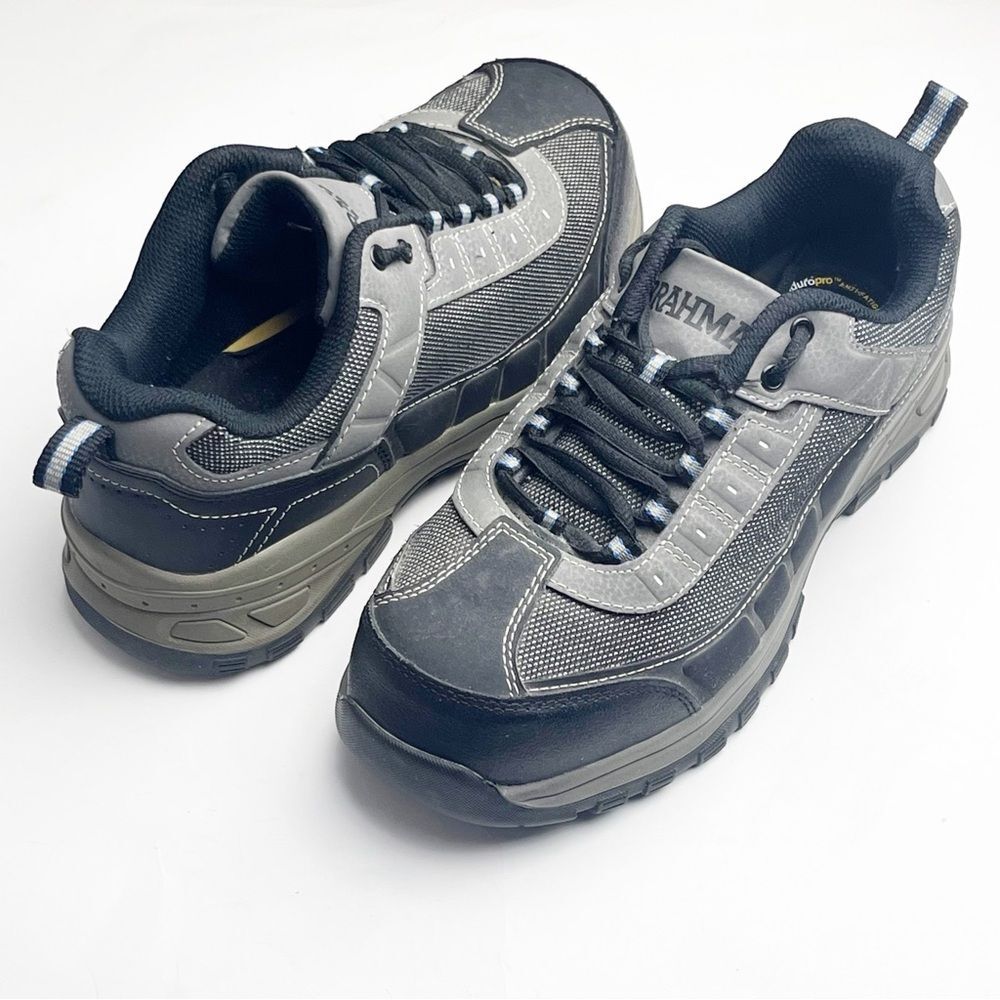 BRAHMA Gray Black Leather Lace Up Slip Resistant Steel Toe Work Shoes, Size 8